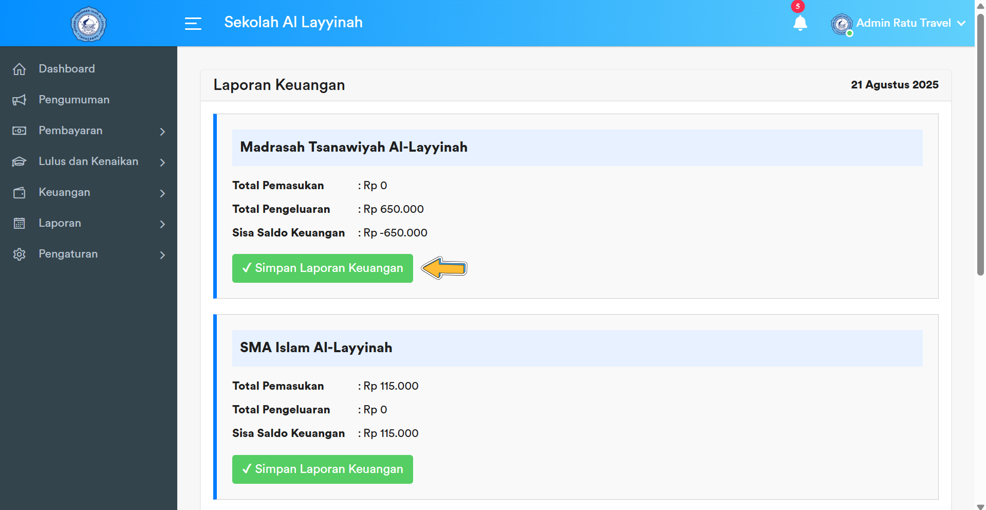 Button Simpan Laporan