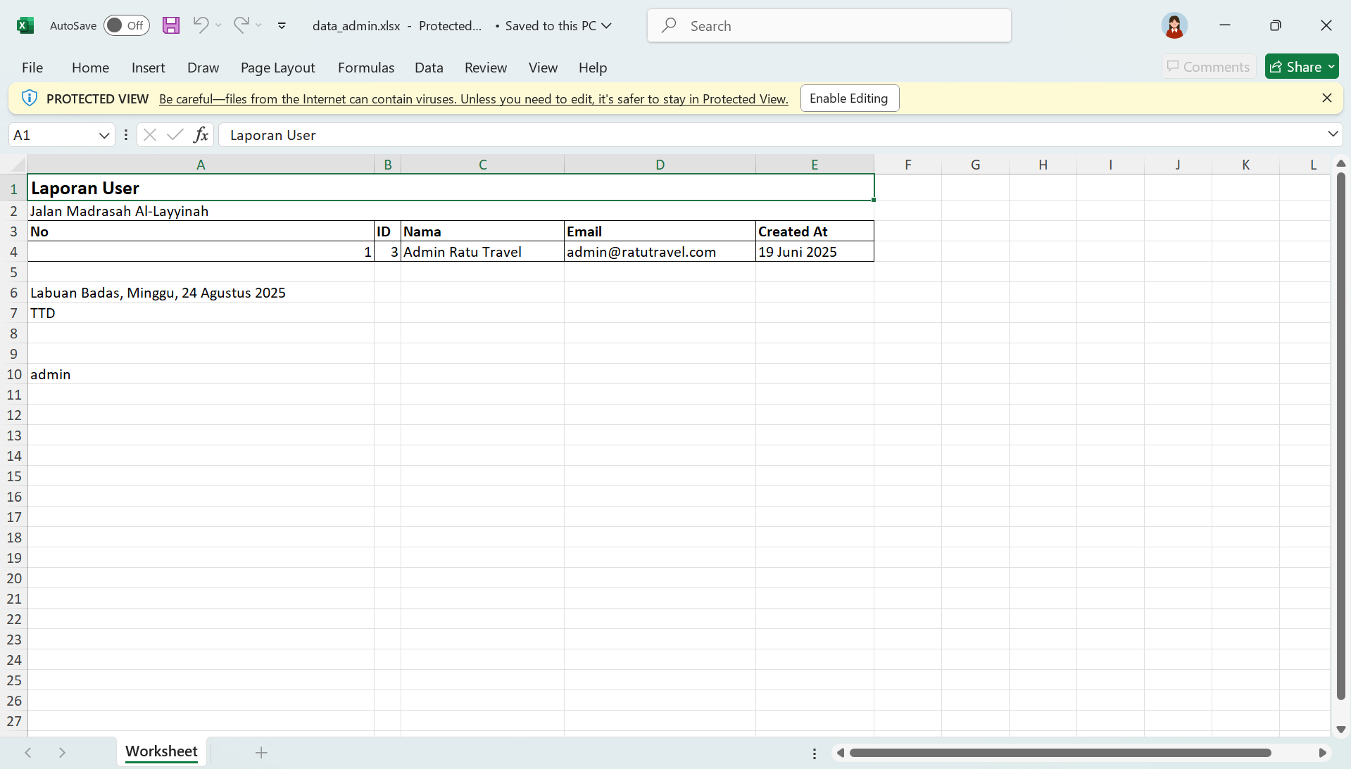 Hasil Export Excel
