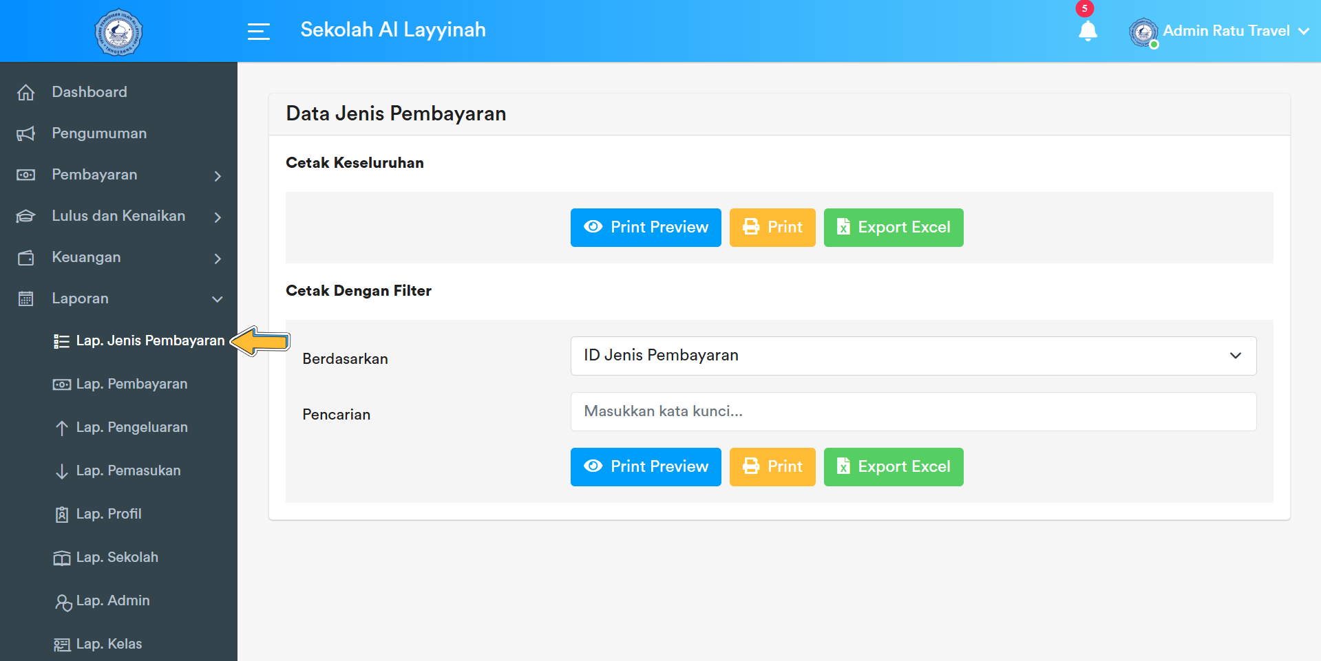 Menu Sidebar Laporan Data Jenis Pembayaran