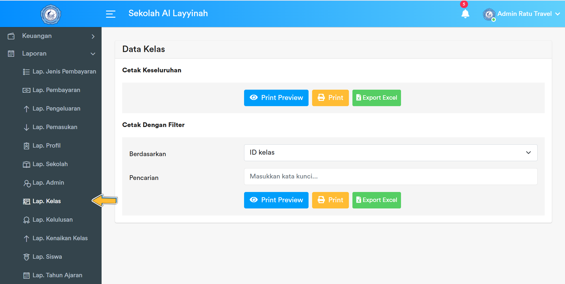 Menu Sidebar Laporan Data Kelas