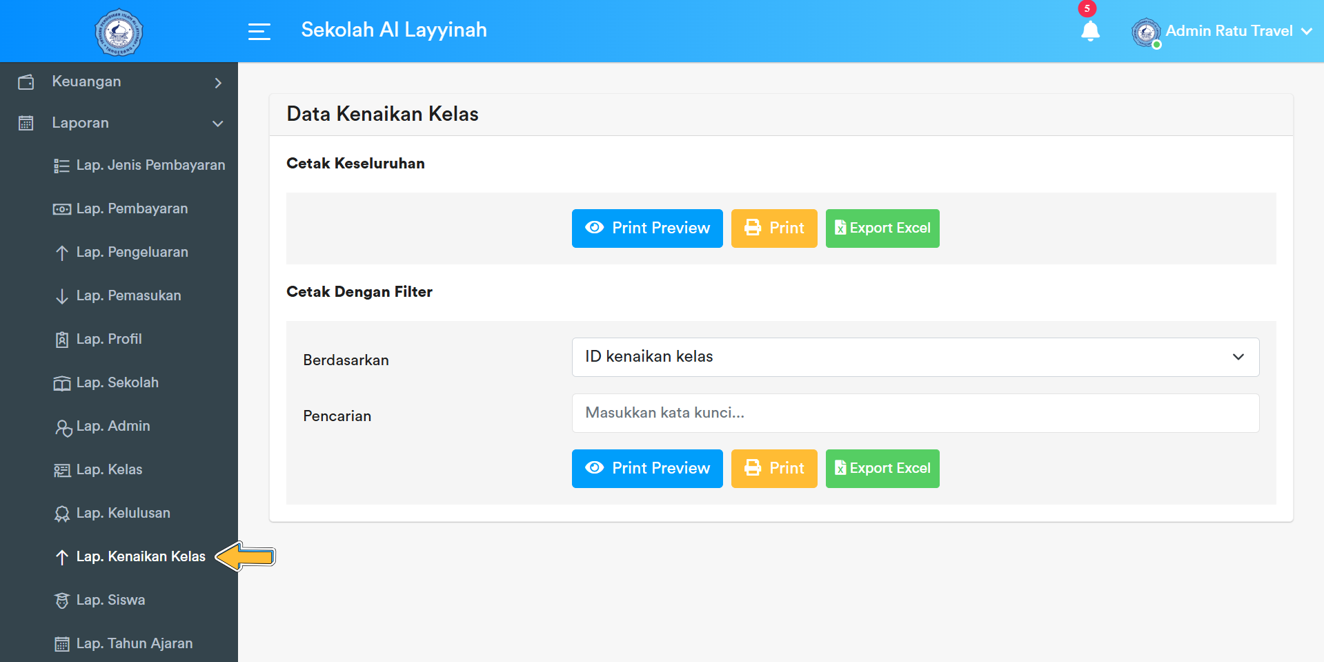 Menu Sidebar Laporan Data Kenaikan Kelas