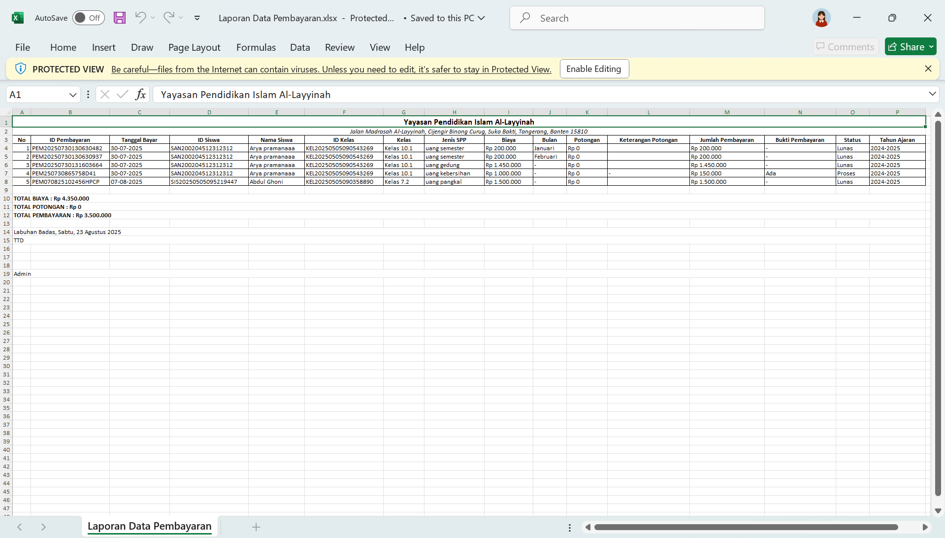 Hasil Export Excel