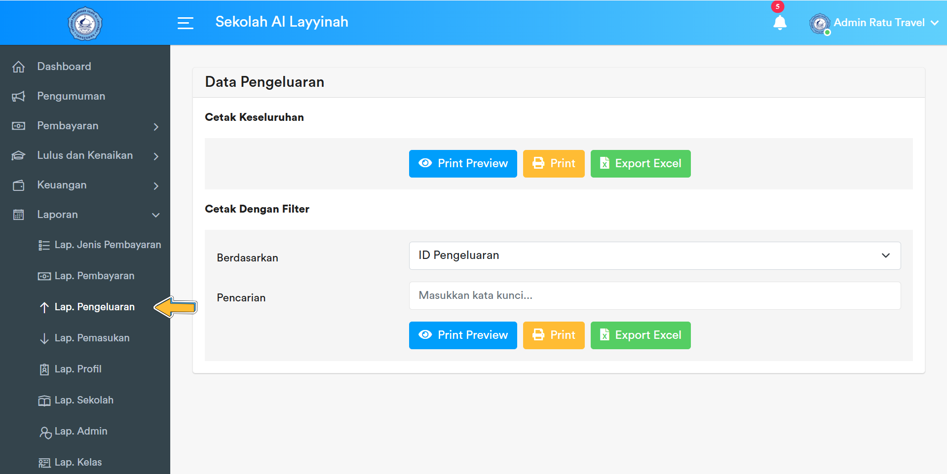 Menu Sidebar Laporan Data Pengeluaran