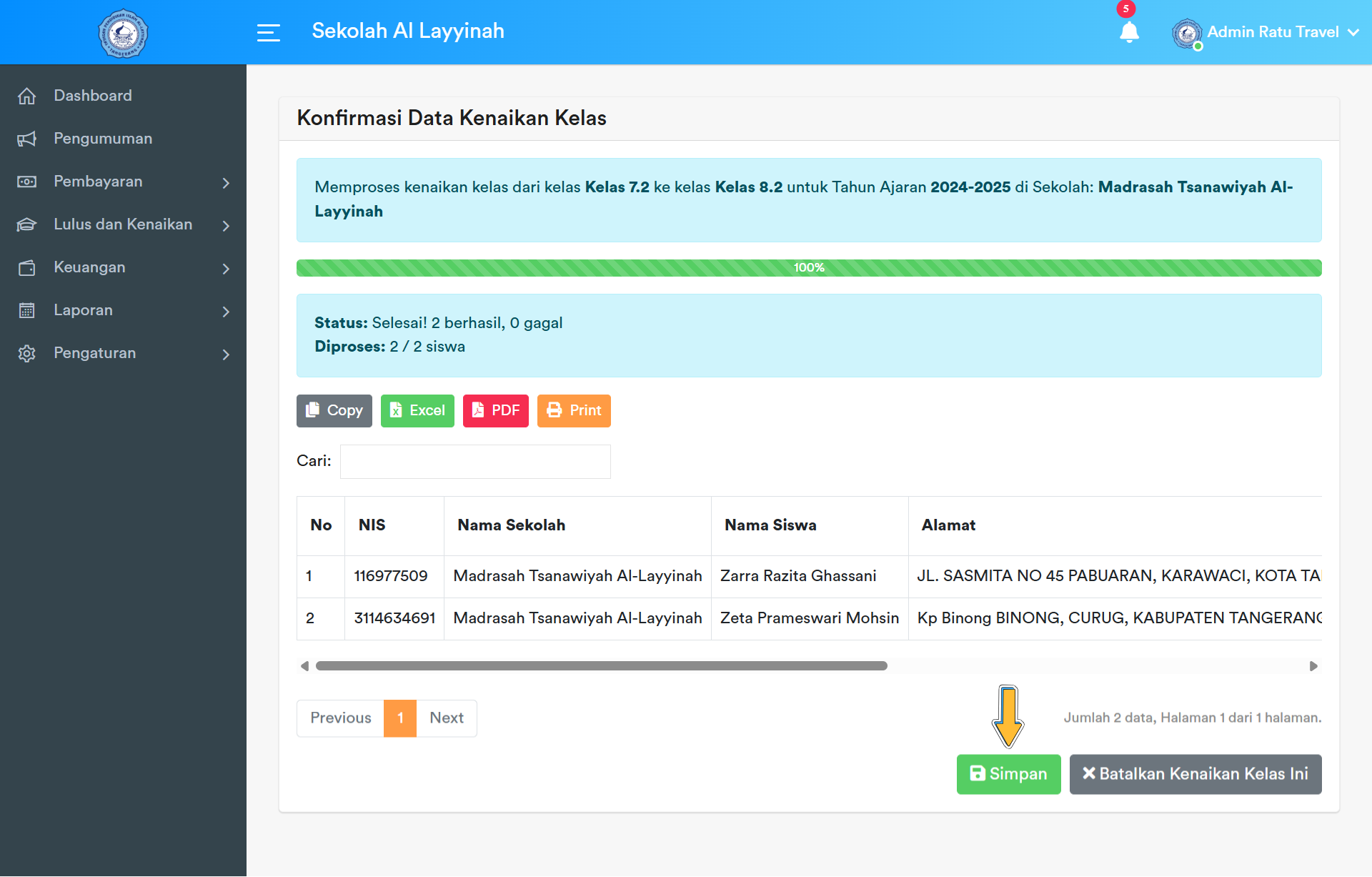 Button Simpan Kenaikan Kelas