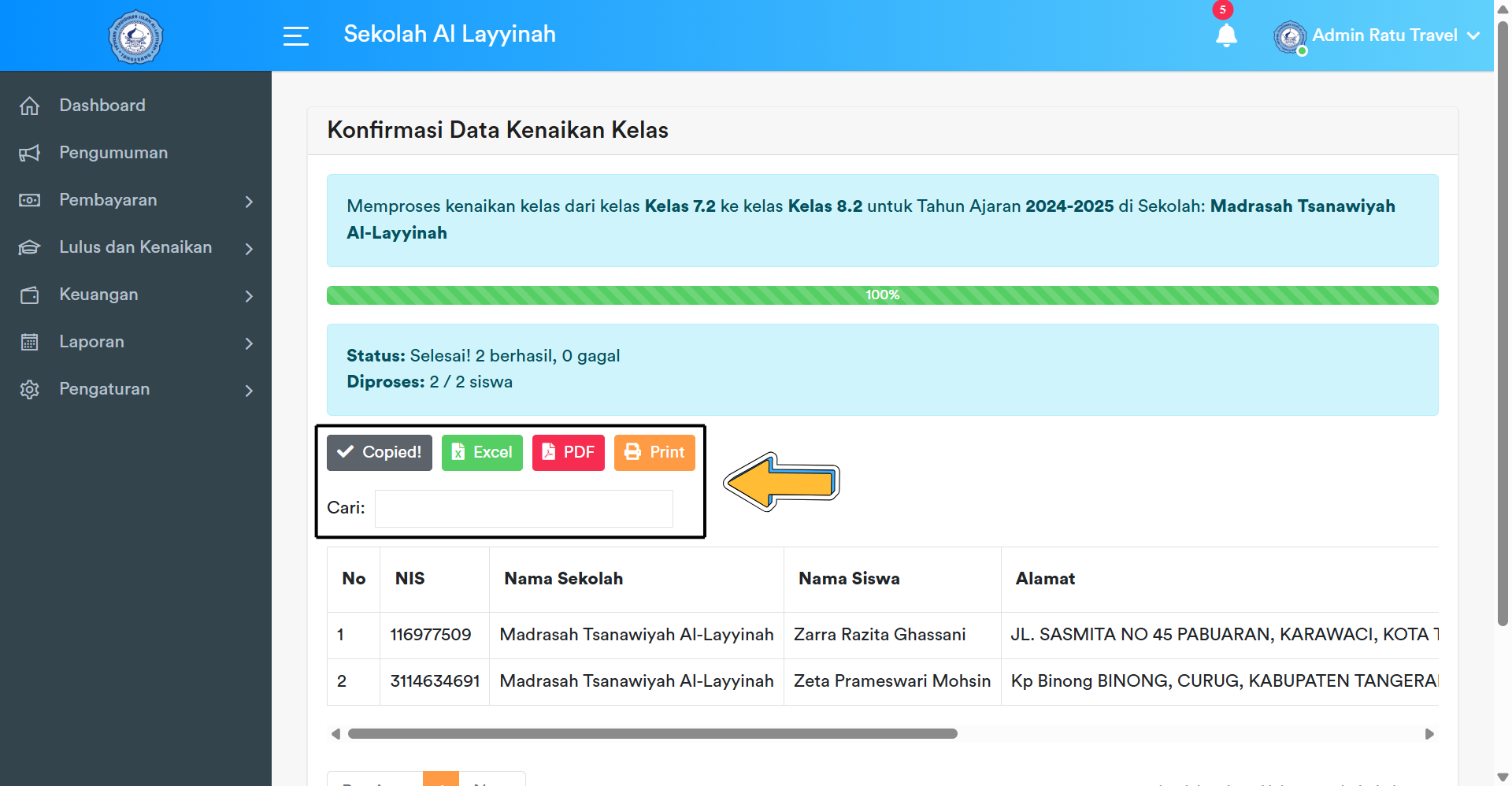 Halaman Konfirmasi Kenaikan Kelas