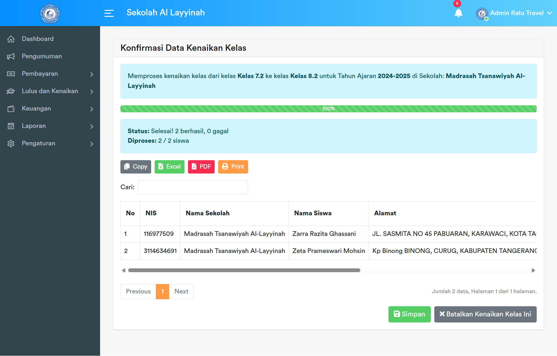 Halaman Konfirmasi Kenaikan Kelas