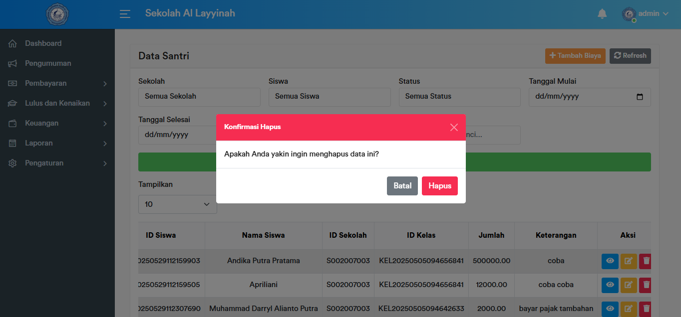 Data Santri - Delete Button