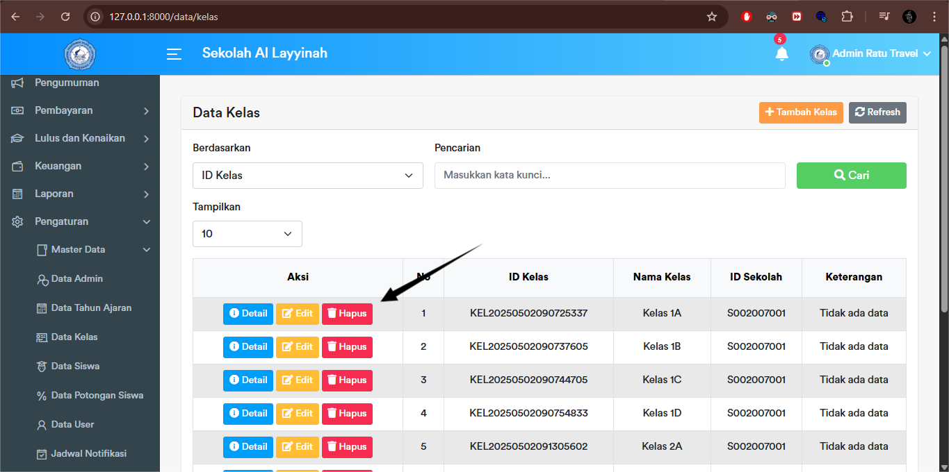 Kelas - Delete Button