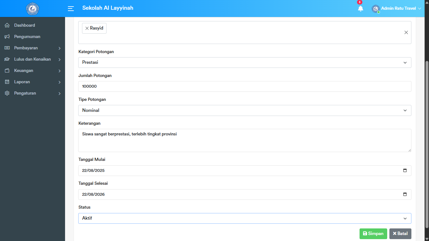 Potongan Siswa - Create