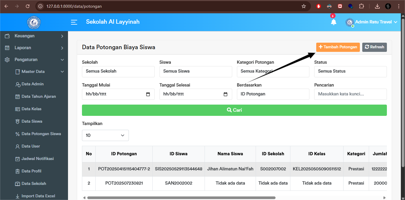 Potongan Siswa - Create Button