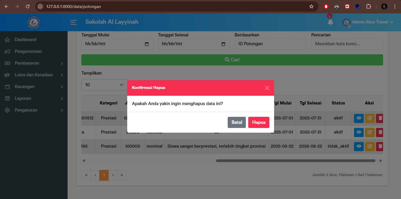 Potongan Siswa - Delete Alert
