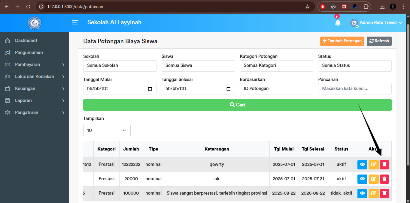 Potongan Siswa - Delete Button