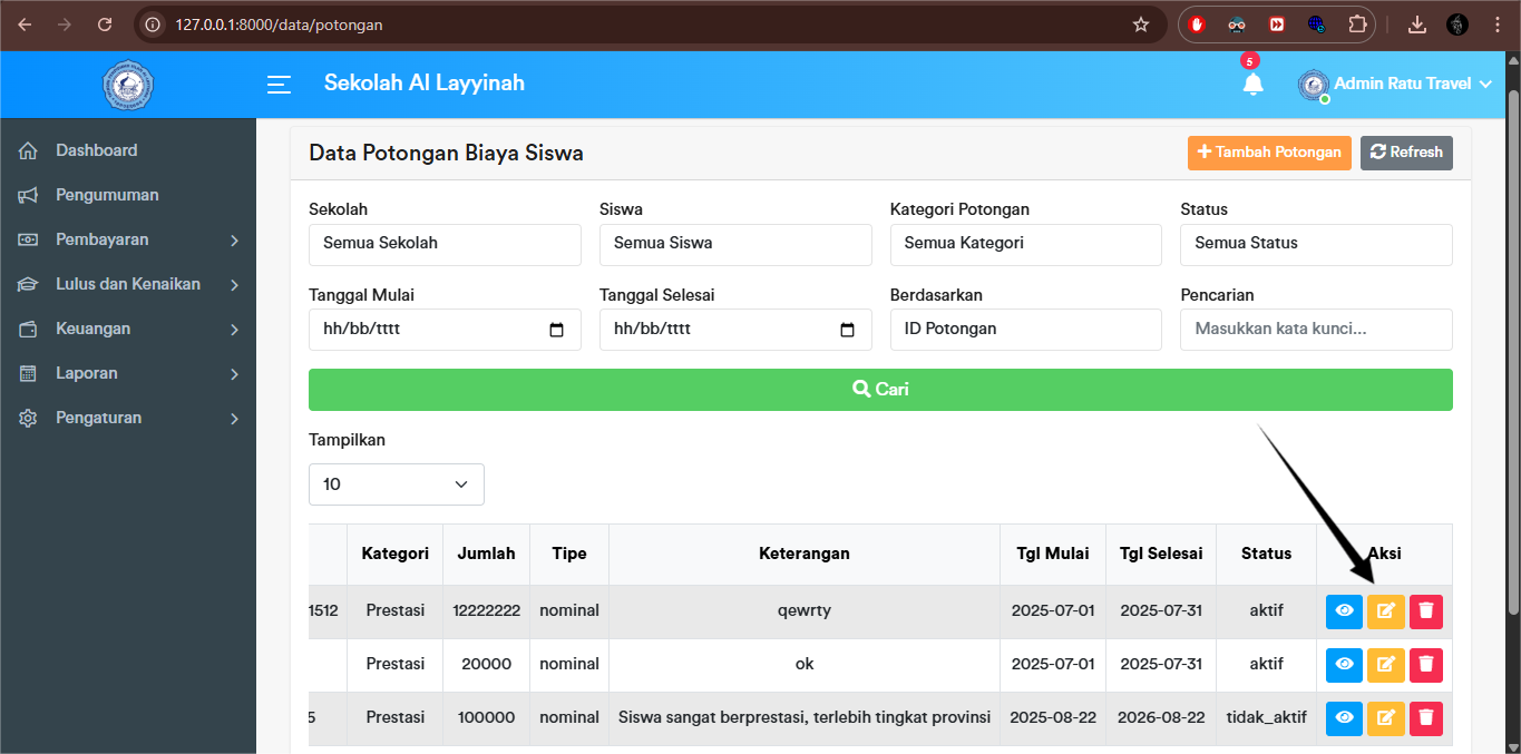 Potongan Siswa - Edit Button