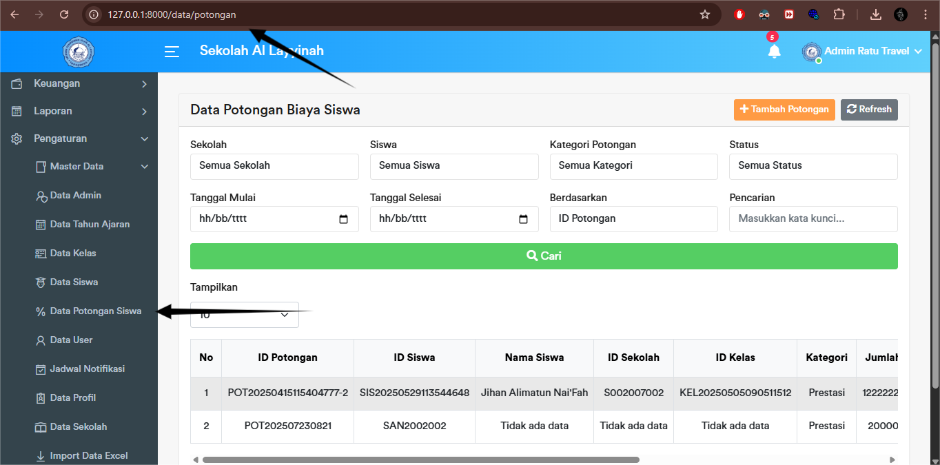 Potongan Siswa - Index