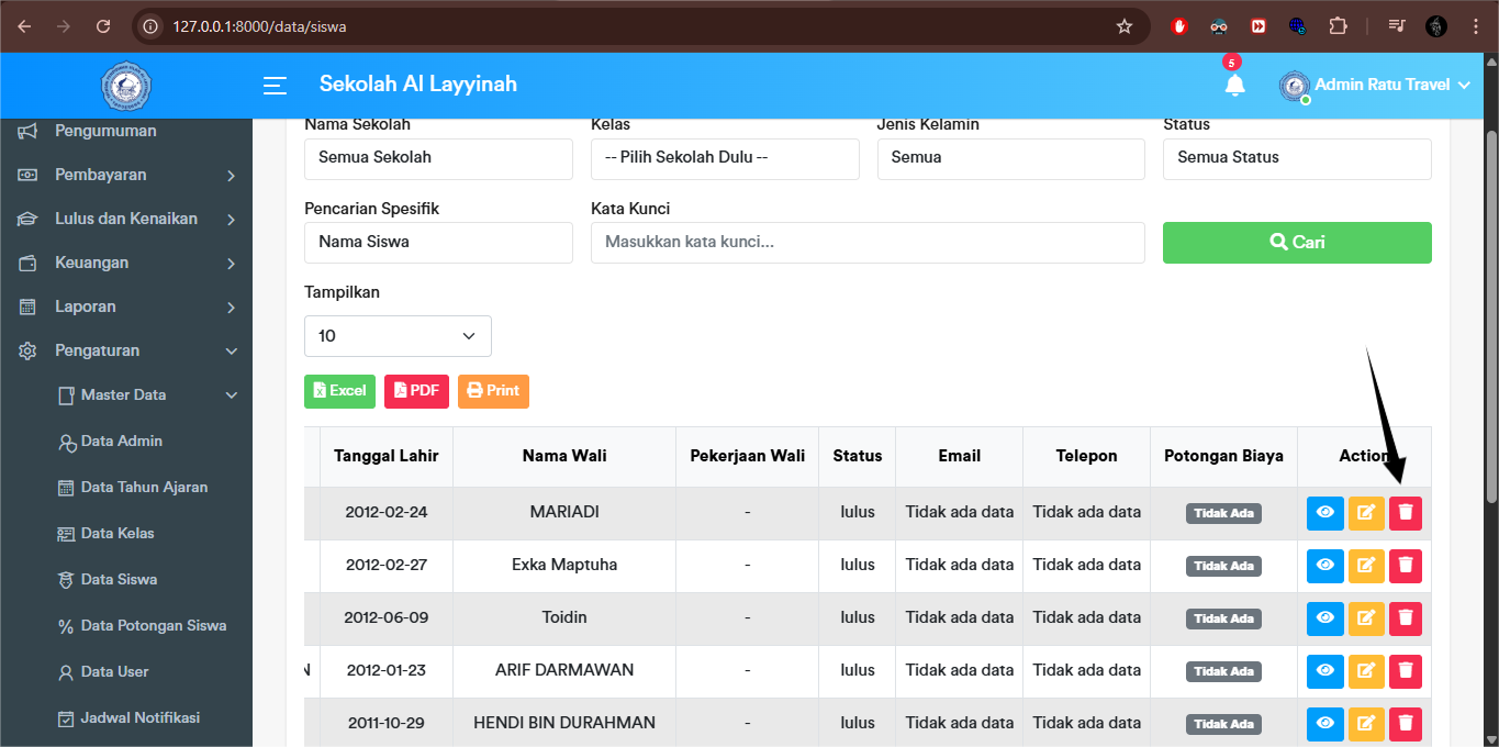 Siswa - Delete Button