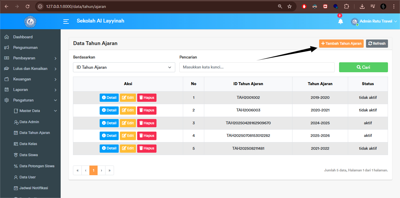 Tahun Ajaran - Create Button