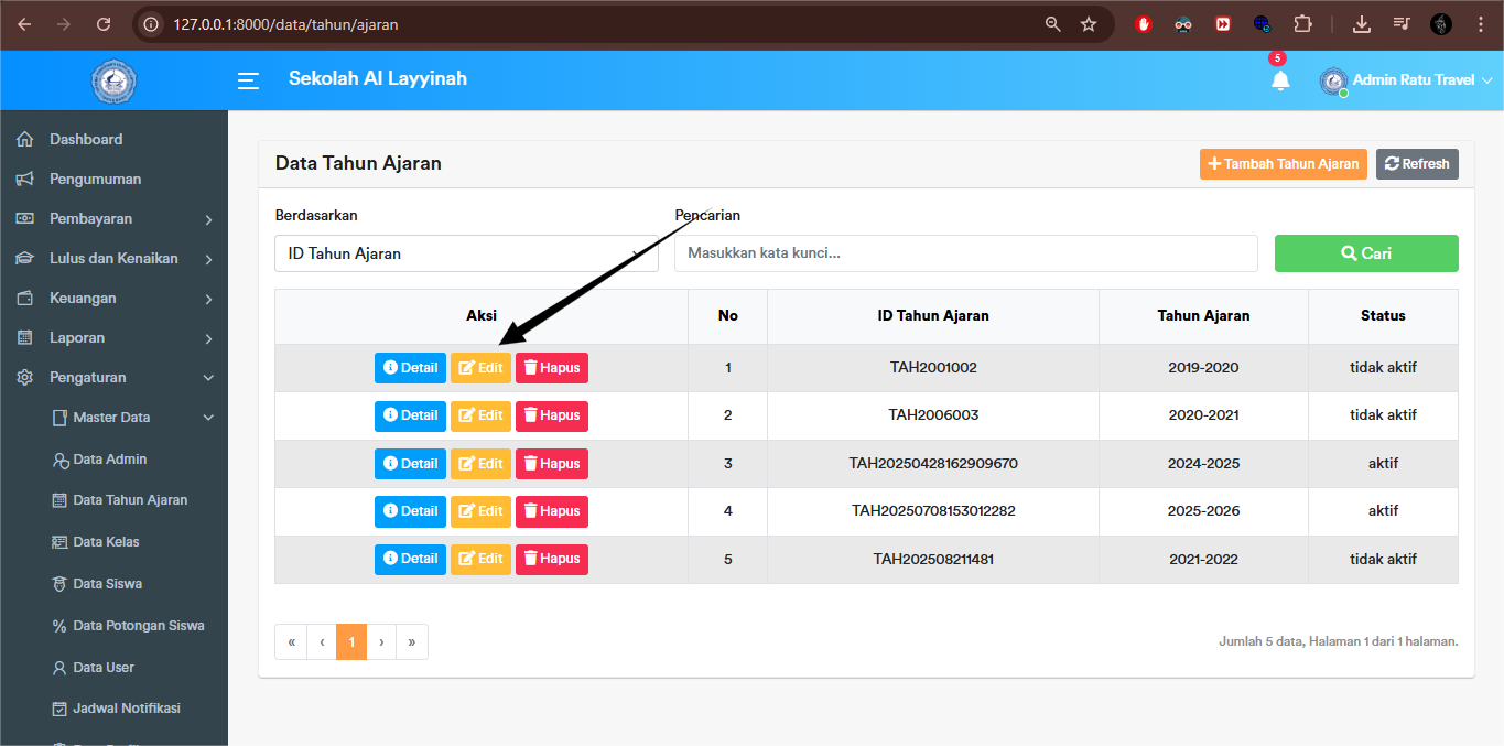 Tahun Ajaran - Edit Button