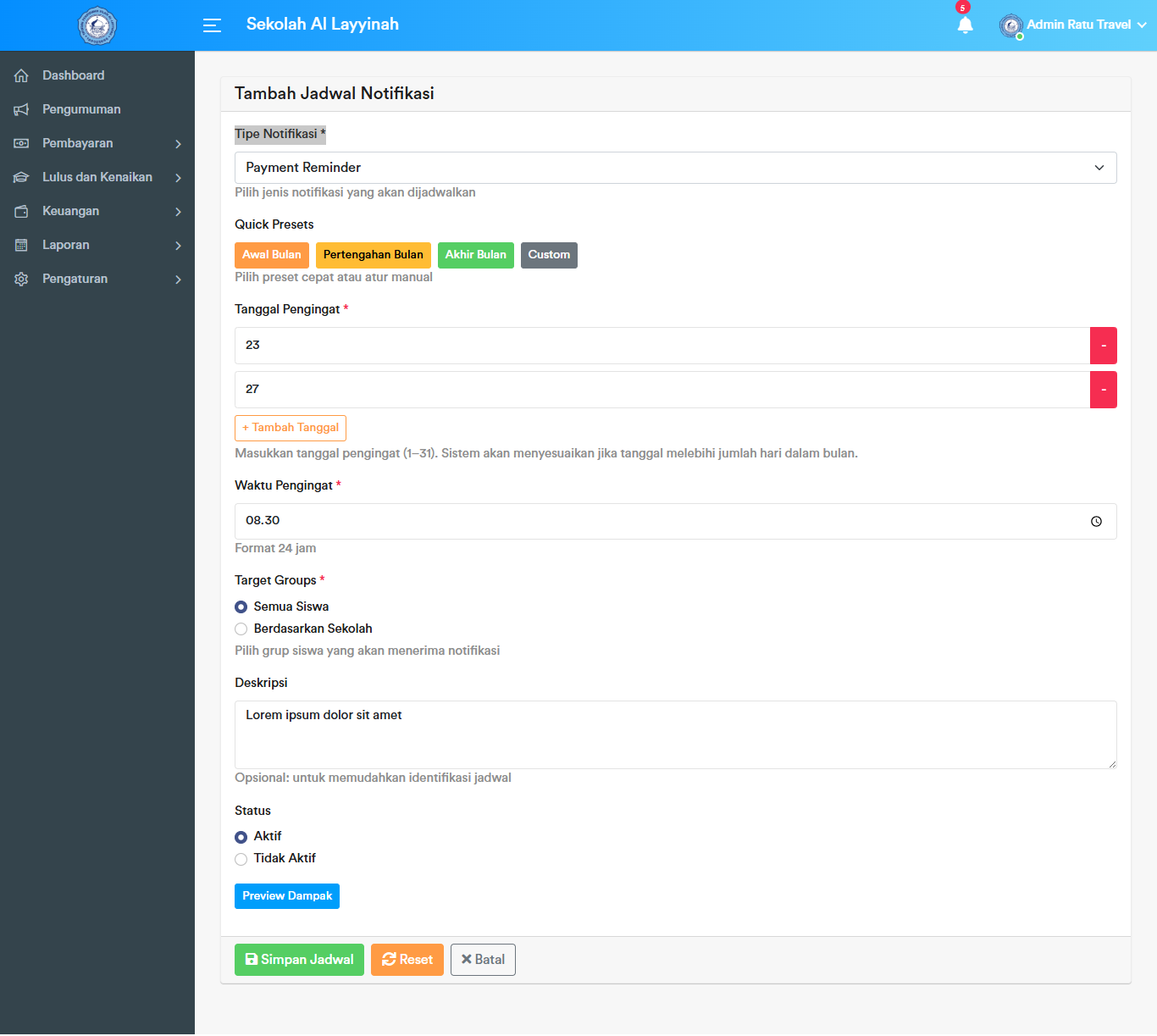 Jadwal Notifikasi - Create