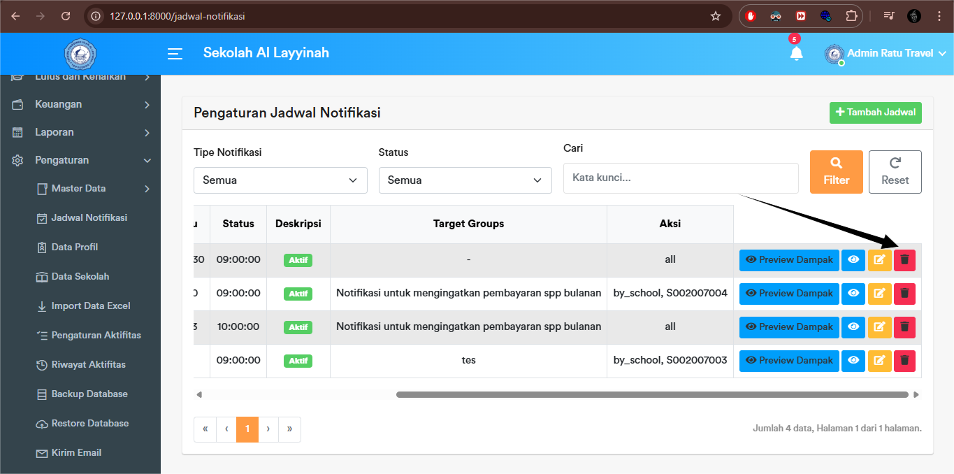 Jadwal Notifikasi - Delete Button