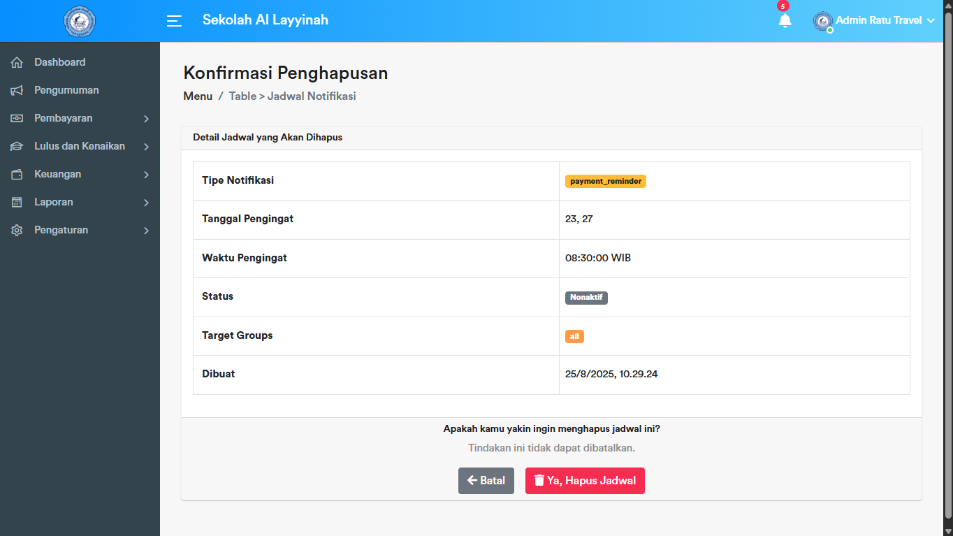 Jadwal Notifikasi - Delete Alert