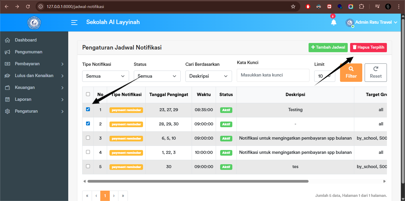 Jadwal Notifikasi - Delete Massal