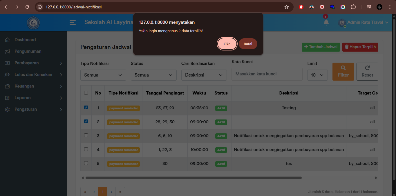 Jadwal Notifikasi - Delete Massal Alert