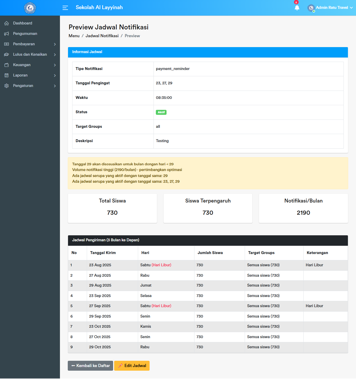 Jadwal Notifikasi - Preview Dampak