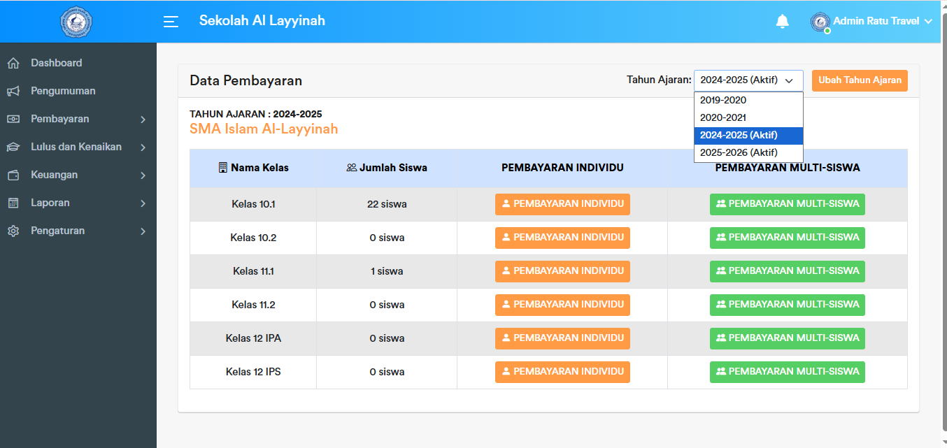 Pilih tahun ajaran dan kelas